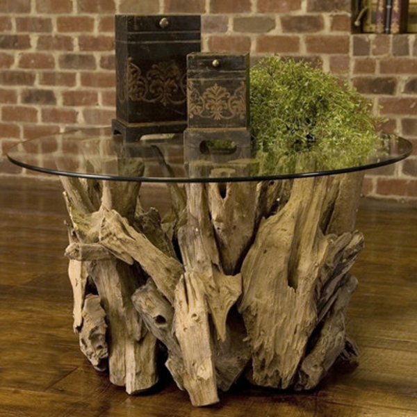 petit original table de bois flotté et verre