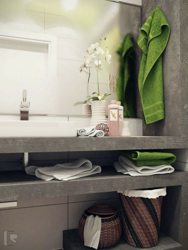 छोटे-बाथरूम-विचार-आधुनिक-डिजाइन - सजावटी फूल और हरे कपड़े
