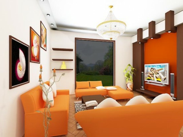 малка съвременна дневна в оранжева стена с ултрамодерен дизайн