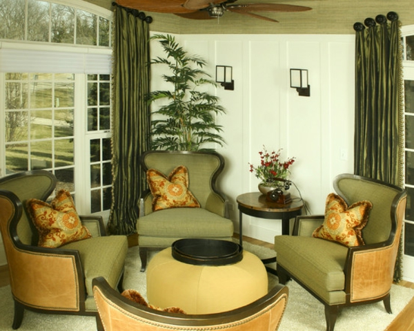 luovasti suunniteltu olohuone -seinä-maali-oliivi-vihreä-monia nojatuoleja