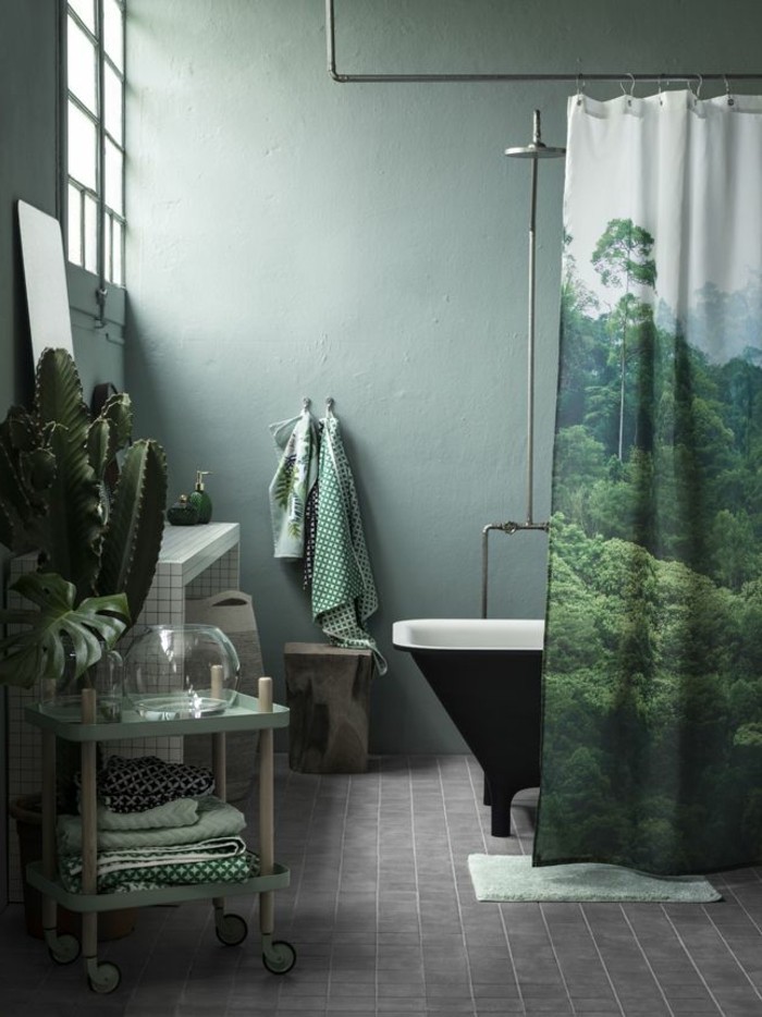 रचनात्मक बाथरूम डिजाइन-विचारों-सुंदर-पर्दे-हरे-रंग-अलग स्नान