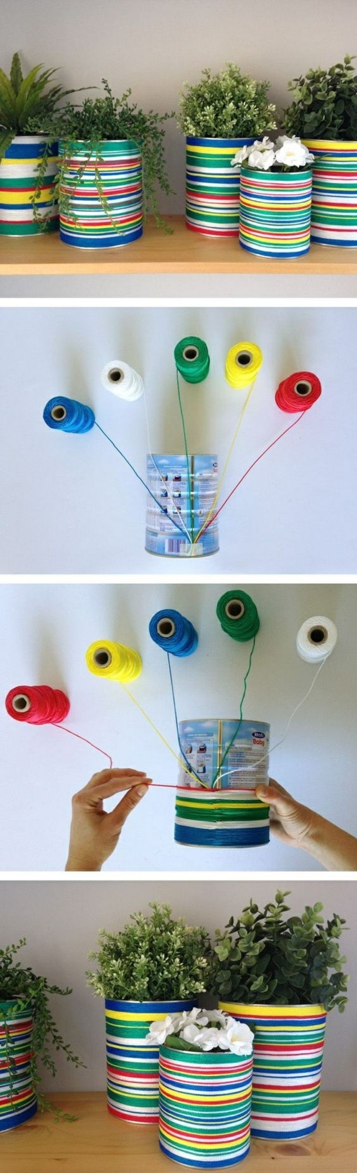 творчески идеи занаятчии-Тенджери изключване консервени кутии-нишка в различни цвята