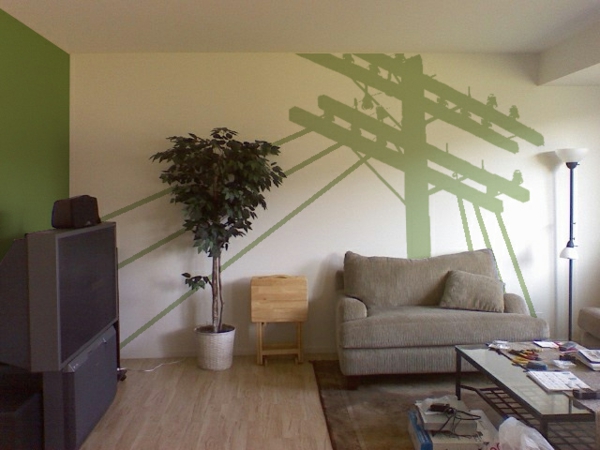επίπεδη ζωγραφική όμορφη - πράσινη ζωγραφική στον τοίχο και διακοσμητικά γλάστρες φυτών