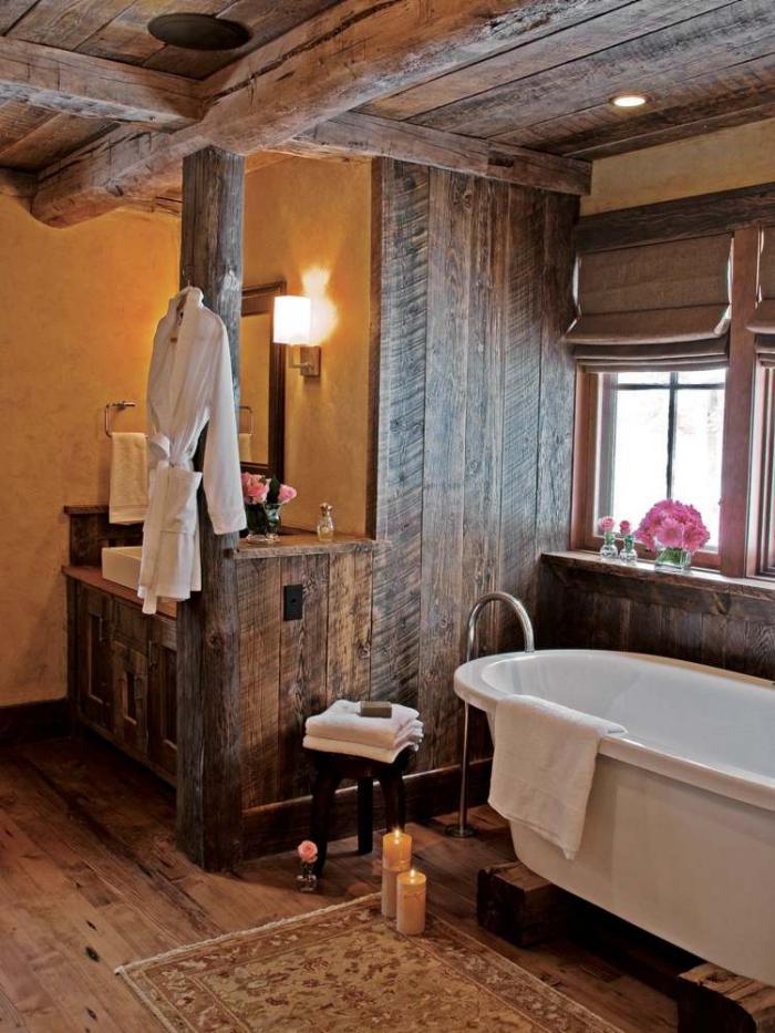 casa-baño-rústico de madera y alfombra