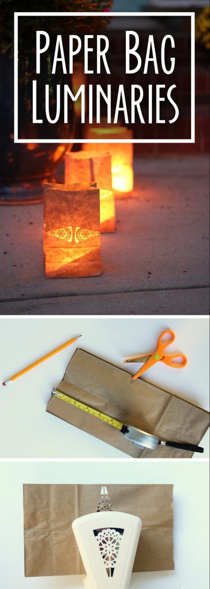 Направете своя собствена градинска украса, фенери от хартиени торби, ножици, молив