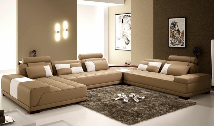 δερμάτινο καναπέ και-όμορφο χαλί μπεζ τοίχο-χρώμα-για-σαλόνι