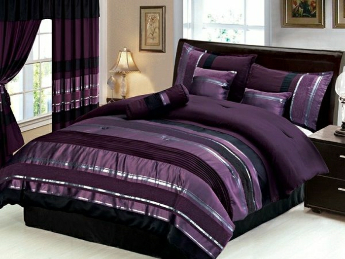 лилави спалня ленени завеси и елегантни