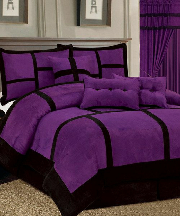 лилави спалня ленени завеси и черни линии и елегантни