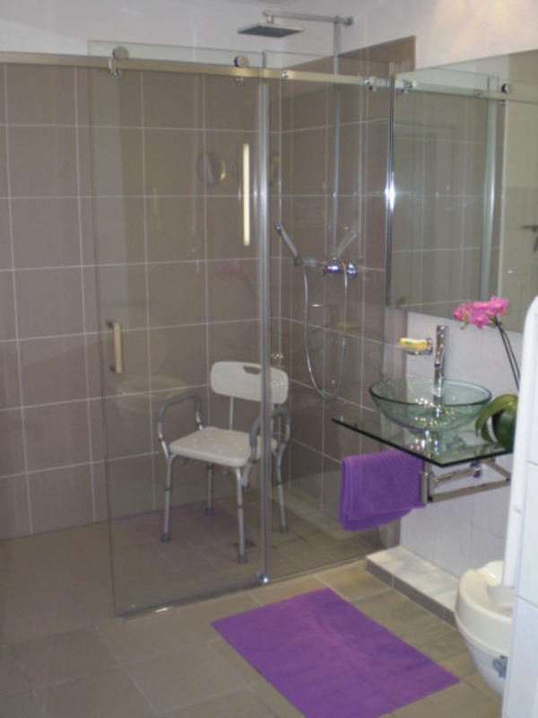 violet-tapis-dans-salle de bain-avec-une-promenade-dans-douche-ultramoderne