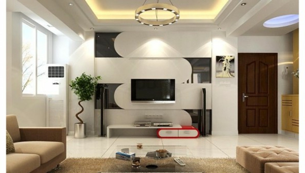 Namještena dnevna soba - dizajn bijele stijenke i vodljiva rasvjeta