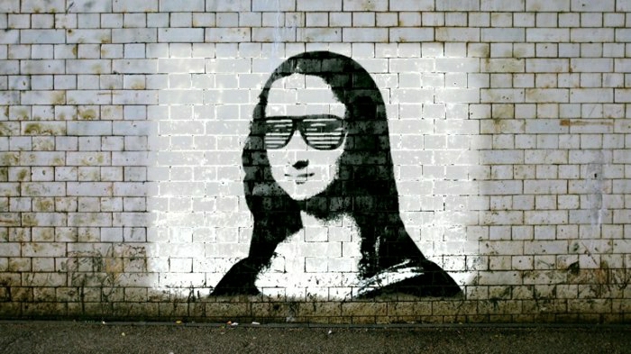 смешно графити творческа идея, улично изкуство-Мона Лиза Слънчеви очила