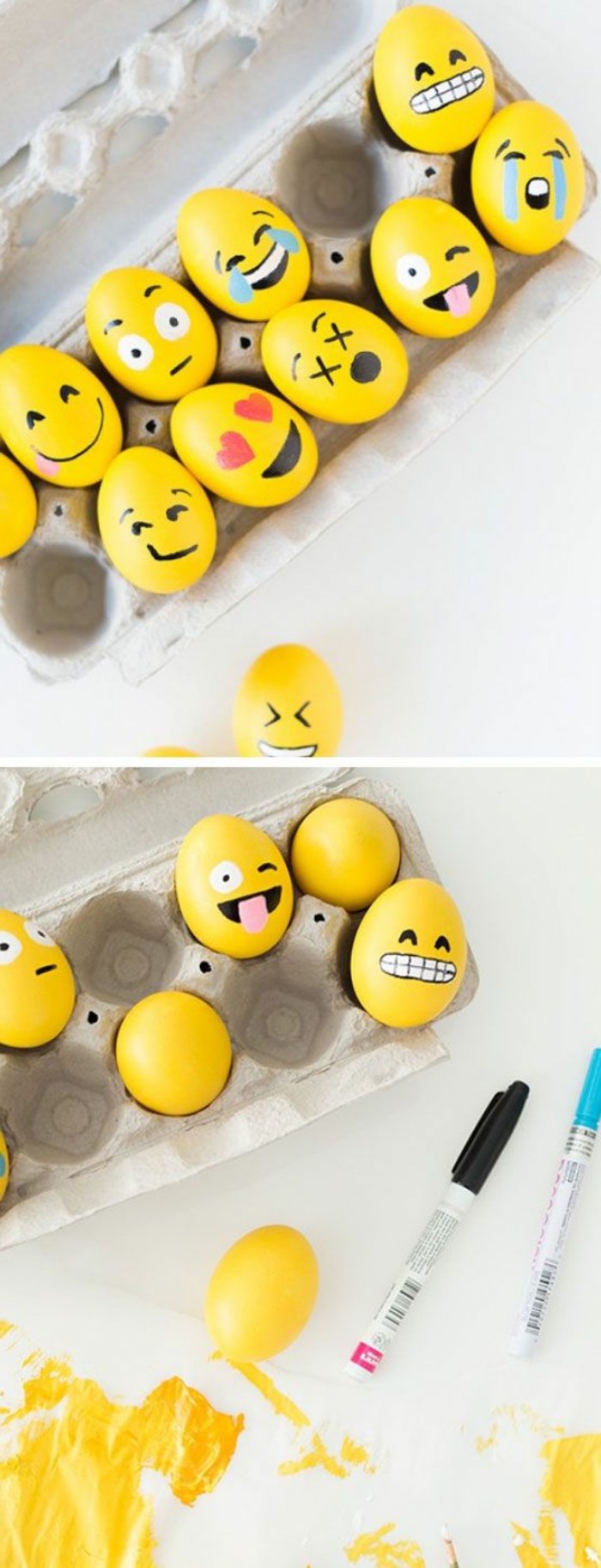 Festék ötleteket a sárga húsvéti tojásokra emojisokkal - különböző megjelenésű