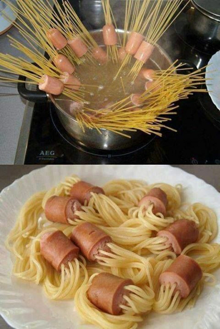 niños divertidos del cumpleaños de los espaguetis de comida mordeduras de perros calientes