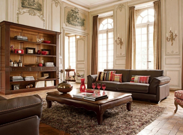 луксозни мебели за всекидневната - висок таван и дървен шкаф