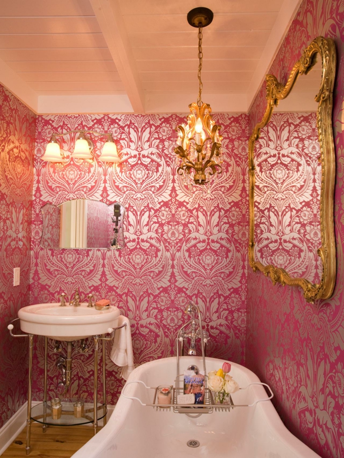 חדר אמבטיה מפואר פנים בסגנון צרפתי קישוט כסף צבע רטרו-טפטים-רקפת