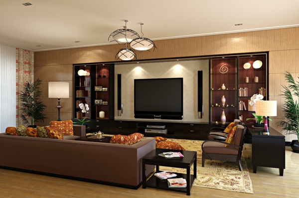 تصميم غرفة المعيشة مع أريكة جلدية بنية اللون