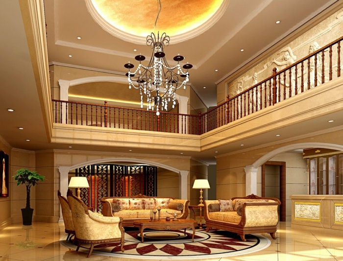 luxury-olohuone korkea katto-parveke-houkuttelevan-huonekalut