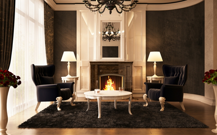 luxury-olohuone-kaksi modernia-lamppuja-ja-takka