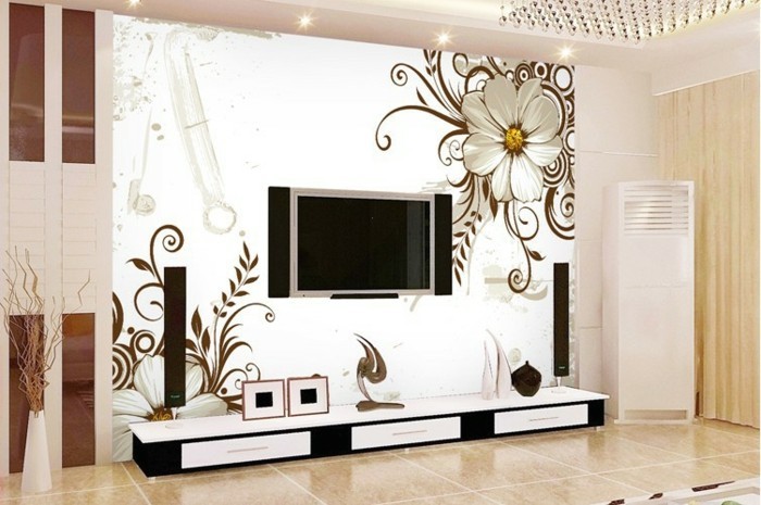 πολυτελές σαλόνι-με-φωτογραφία ταπετσαρία-λουλούδια-όμορφο σχεδιασμό