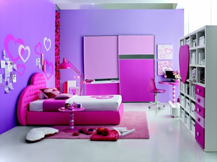 момиче детска спалня-с-пра-деца мебели-лилави стени-и-мебели-zyklamenfarbige