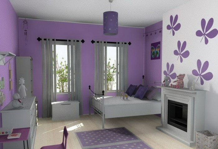 dormitorio de las muchachas muebles de color gris-moderno-muebles-y-elegante-papel pintado