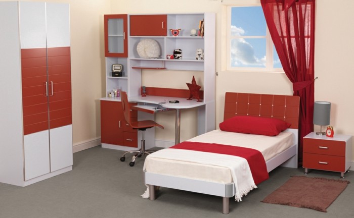 момичета спалня мебели Chic-червени завеси-и-съвременен легла