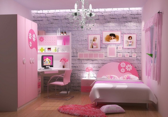 dormitorio de las muchachas muebles de muy-nice-cama y la pared de color rosa diseño