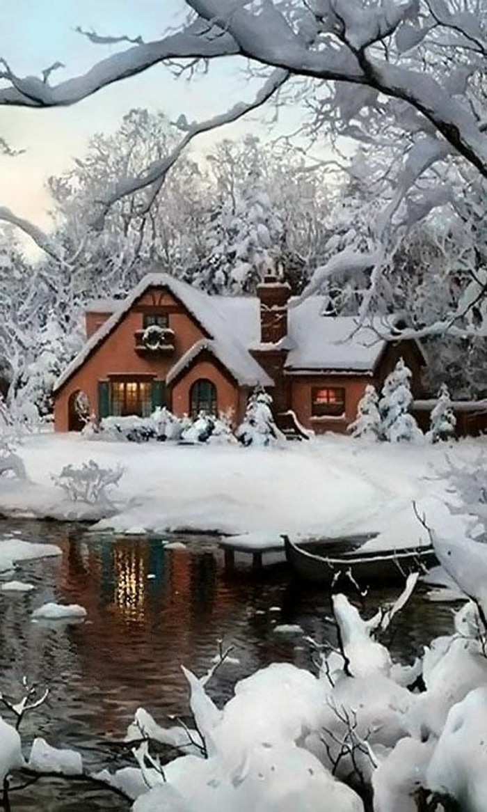 γραφικό χειμερινό τοπίο εικόνες σπίτια λίμνη Δέντρα