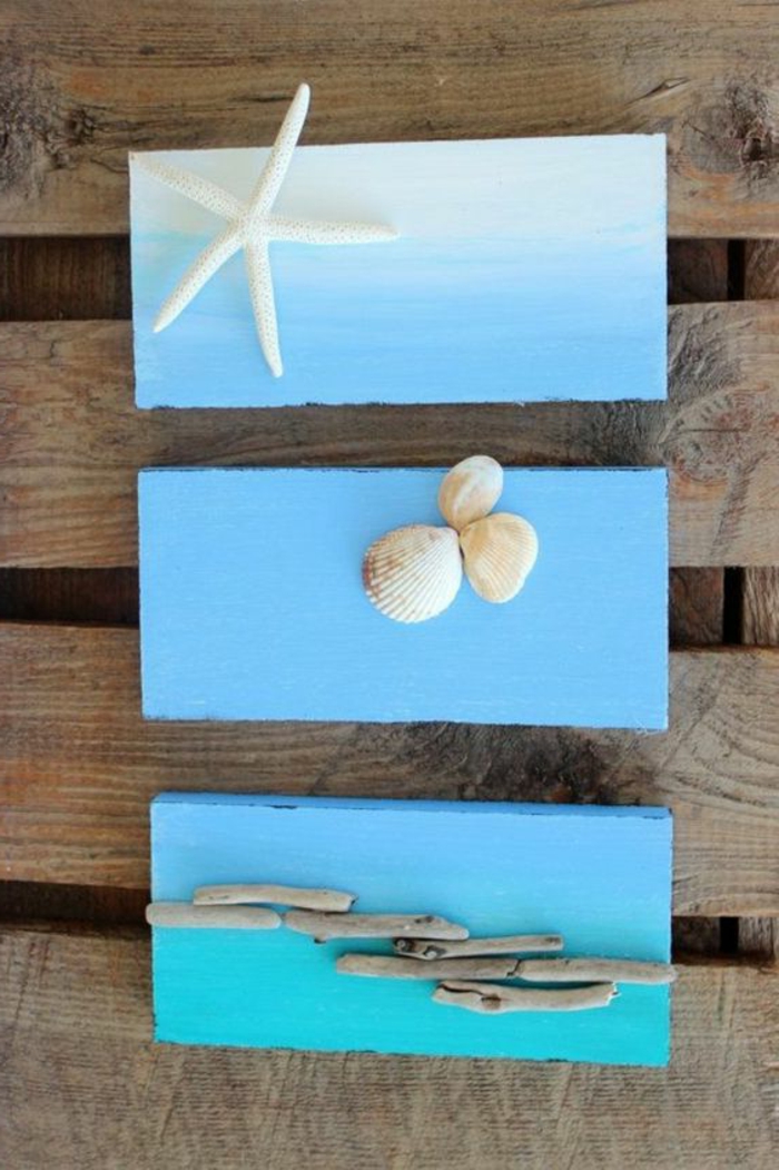 peinture de planche de bois bleu et turquoise coquillage étoile de mer et de bois flotté