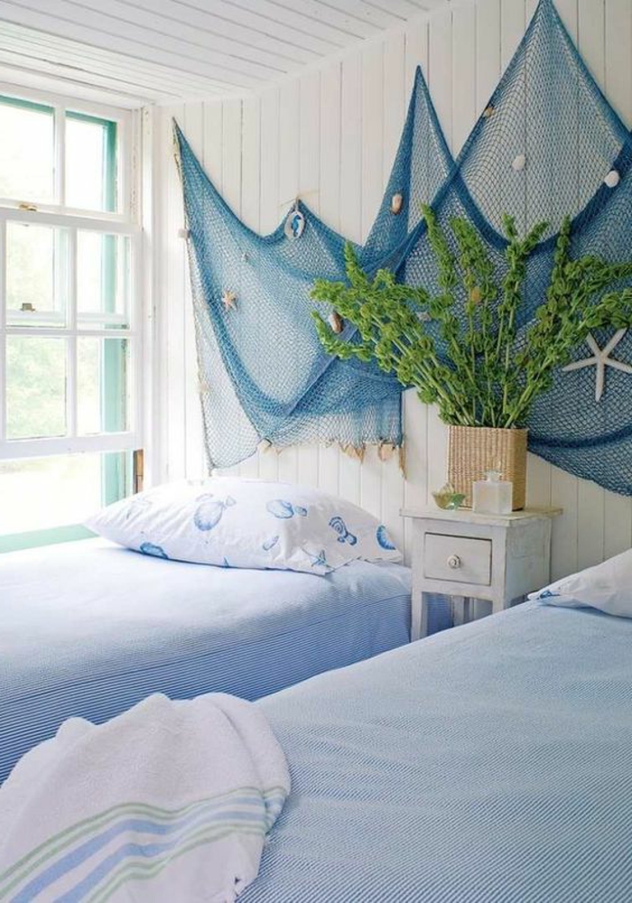 стена декорация морски син бял стени плаж къща спалня украсяват