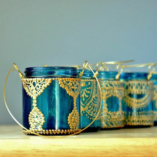 Marokkói lógó konzerváló jar gyertyatartó kék-arany-henna minták