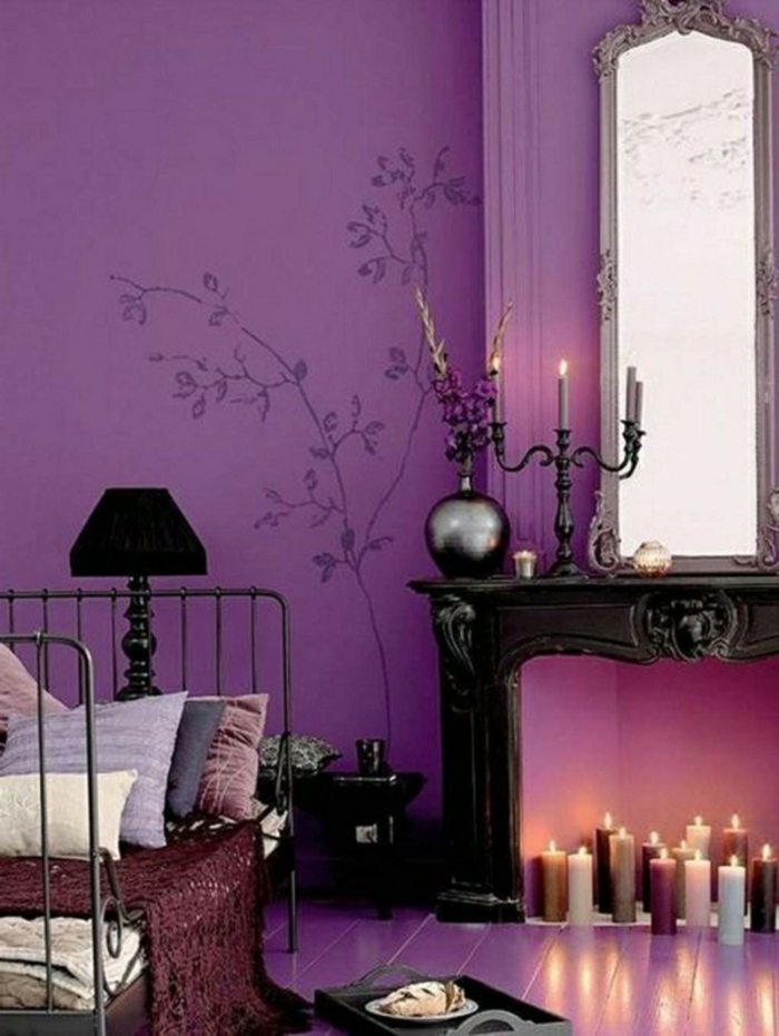 Арабски мебели лилаво стена декорация стена decals цветя свещи легло с много възглавници свещи ярки
