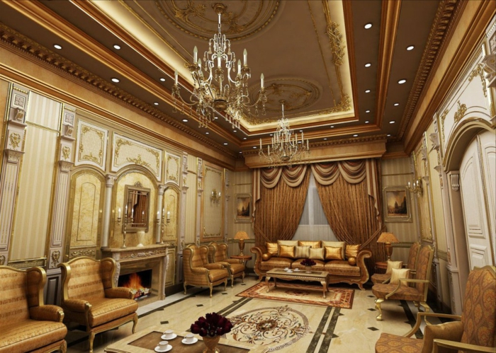 ориенталски декор луксозен дизайн на хола златен цвят фотьойл огледало килим ръце декор