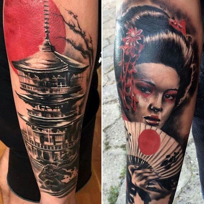 japán tetoválás, vörös nap, ház, fekete hajú nő