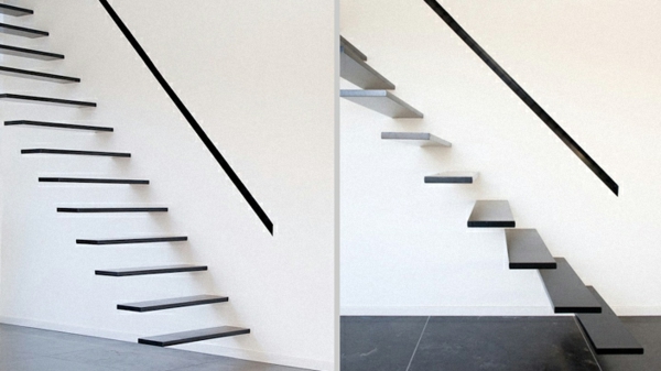 conception de mur blanc et escaliers flottants noirs