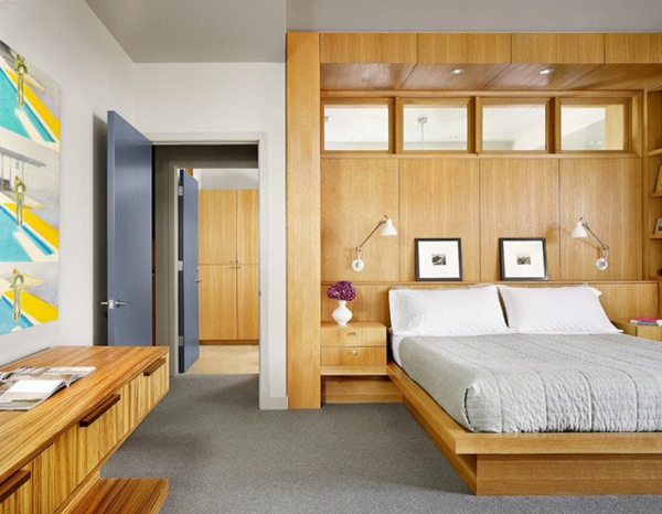 модерна спалня с дървени фитинги