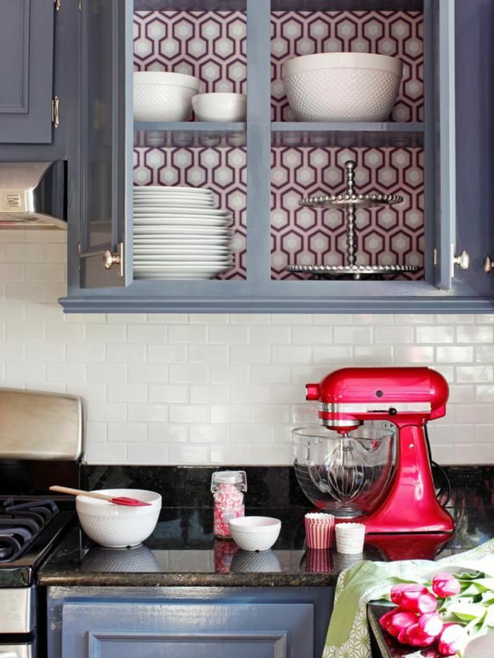 moderno-cocina-idea fresca del gabinete del papel pintado detrás de la cocina