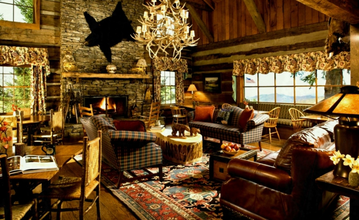 модерна къща мебели вилна пространствено-селски камина кожен диван полилей рога