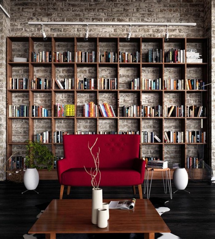 paredes de ladrillo modernos apartamento de libros de pared moderna de pequeña sofá rojo