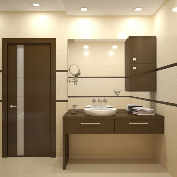 आधुनिक बाथरूम फर्नीचर - छत रोशनी और भूरे रंग के दरवाजे