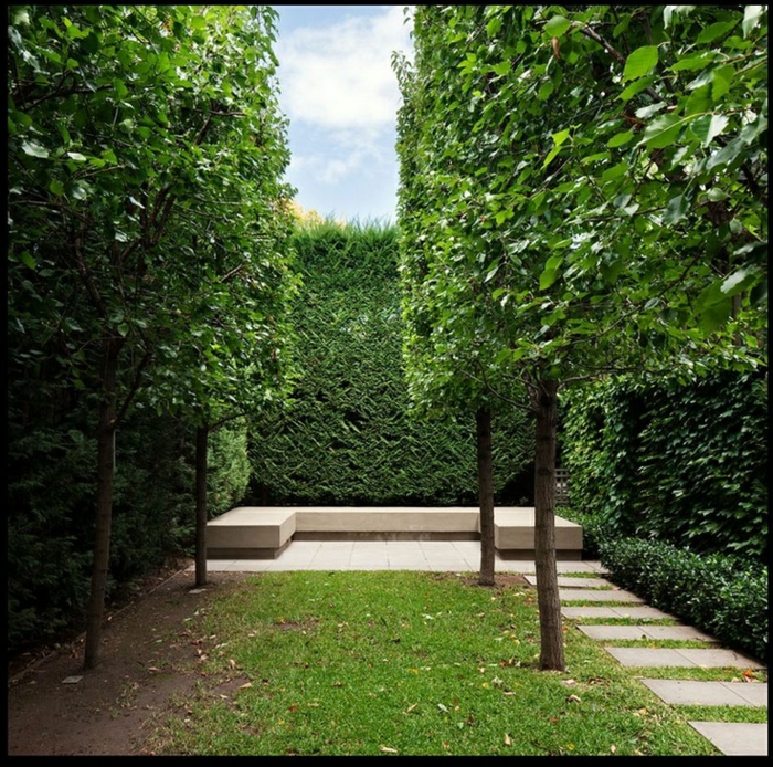 зелена модерна предна градина с дървета и екрани от жив плет, кът за сядане