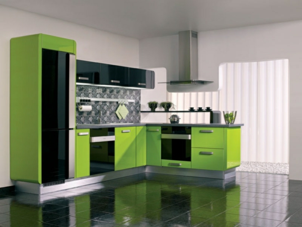 модерни кухни в зелено оформени бели стени