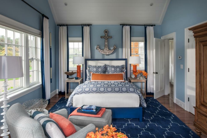 आधुनिक और दिलचस्प दीवार डिजाइन के साथ रंग-नीली डिजाइन के- बेडरूम