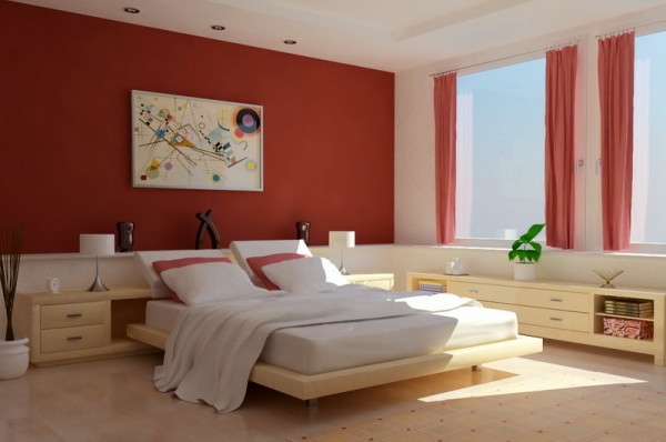 لون الجدار العصري لغرفة النوم مع سرير كبير وبياضات بيضاء