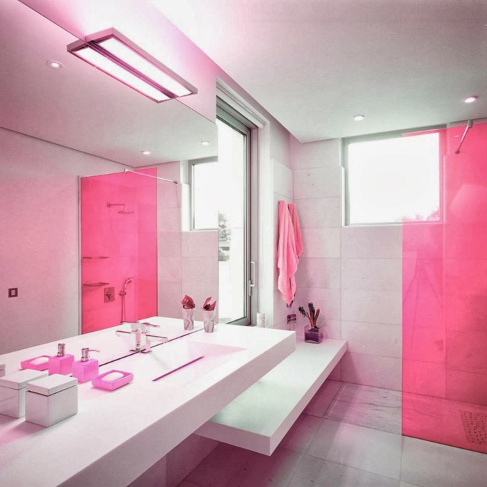 Moderna Kupaonica minimalistički setup-ružičasti naglasci-jednostavna-kupatilo-ukrašavanja ideja