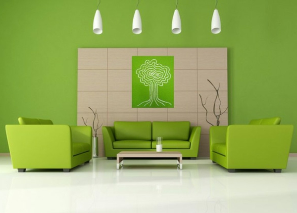 نغمات غرفة المعيشة الحديثة جدار اللون الأخضر