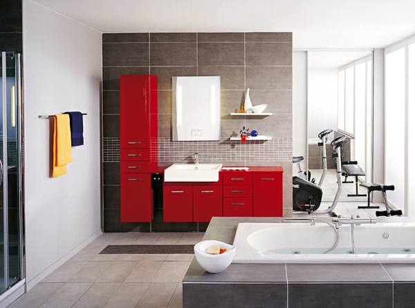съвременната баня-дизайн-разписания идеи-червени шкафове