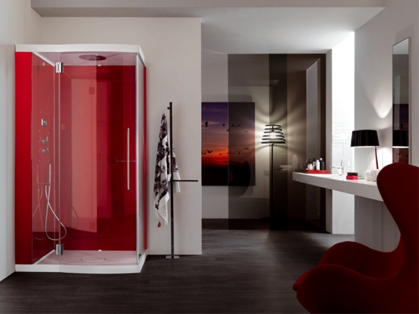 μοντέρνο μπάνιο-κόκκινο-καμπίνα ντους και κομψό σχεδιασμό δωματίου