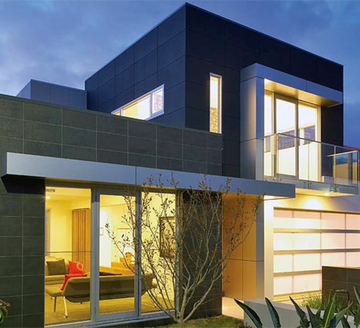 съвременния натрупване къща-с-плосък покрив-сив цвят