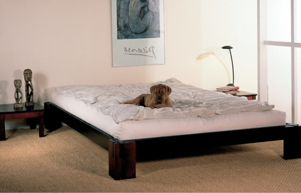 μοντέρνο κρεβάτι σε σκανδιναβικό στυλ - μεγάλο σκυλί στο κρεβάτι
